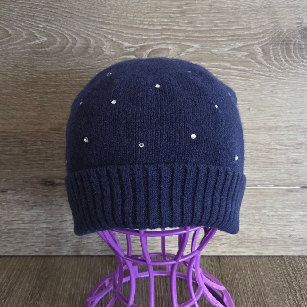 Portolano Navy Cashmere Beanie with Crystal Stones